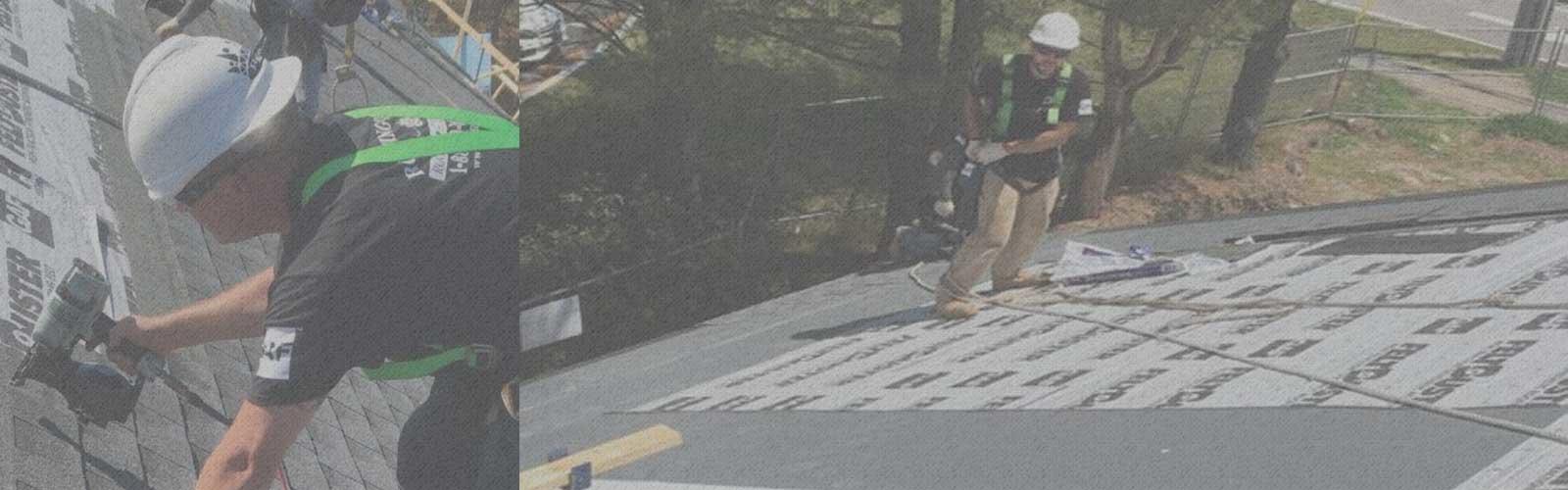 Two images of a worker installing shingles on a roof